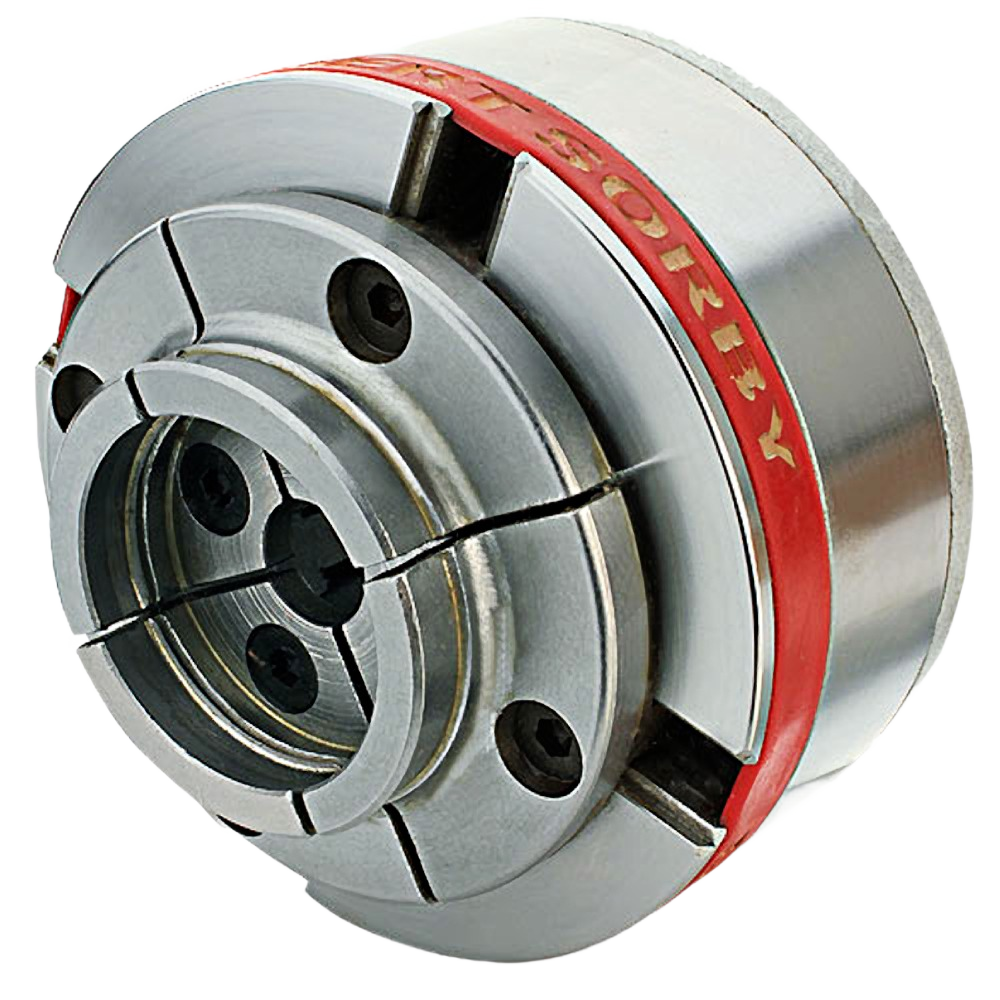 Compact four-jaw metal woodturning chuck with red accent ring for precise lathe tool holding in woodworking accessories collections