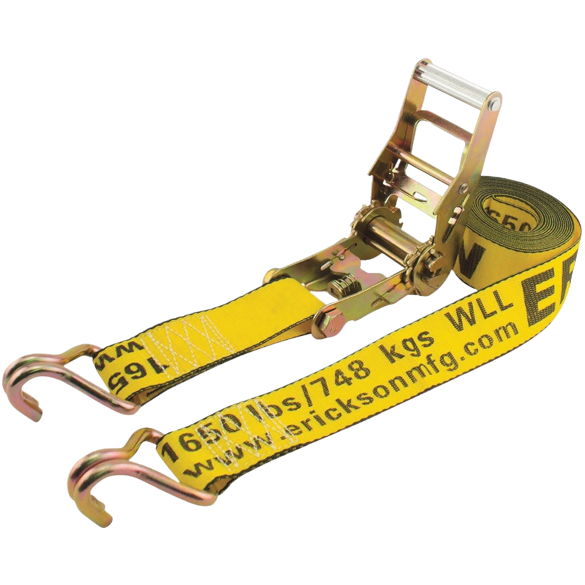 Yellow heavy-duty ratchet strap with metal hooks and tensioning mechanism for tools and home improvement projects