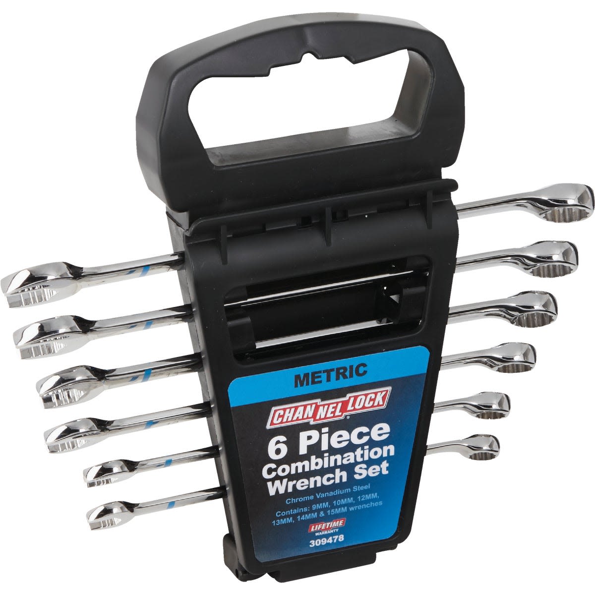 Set of six metric combination wrenches in chrome steel with black plastic organizer for tools and home improvement projects