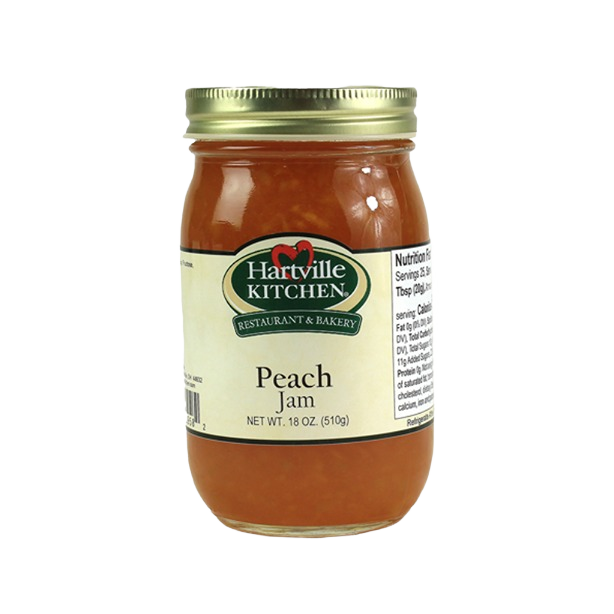18-ounce jar of Hartville Kitchen peach jam with gold lid from jams & jellies and food & beverage collections