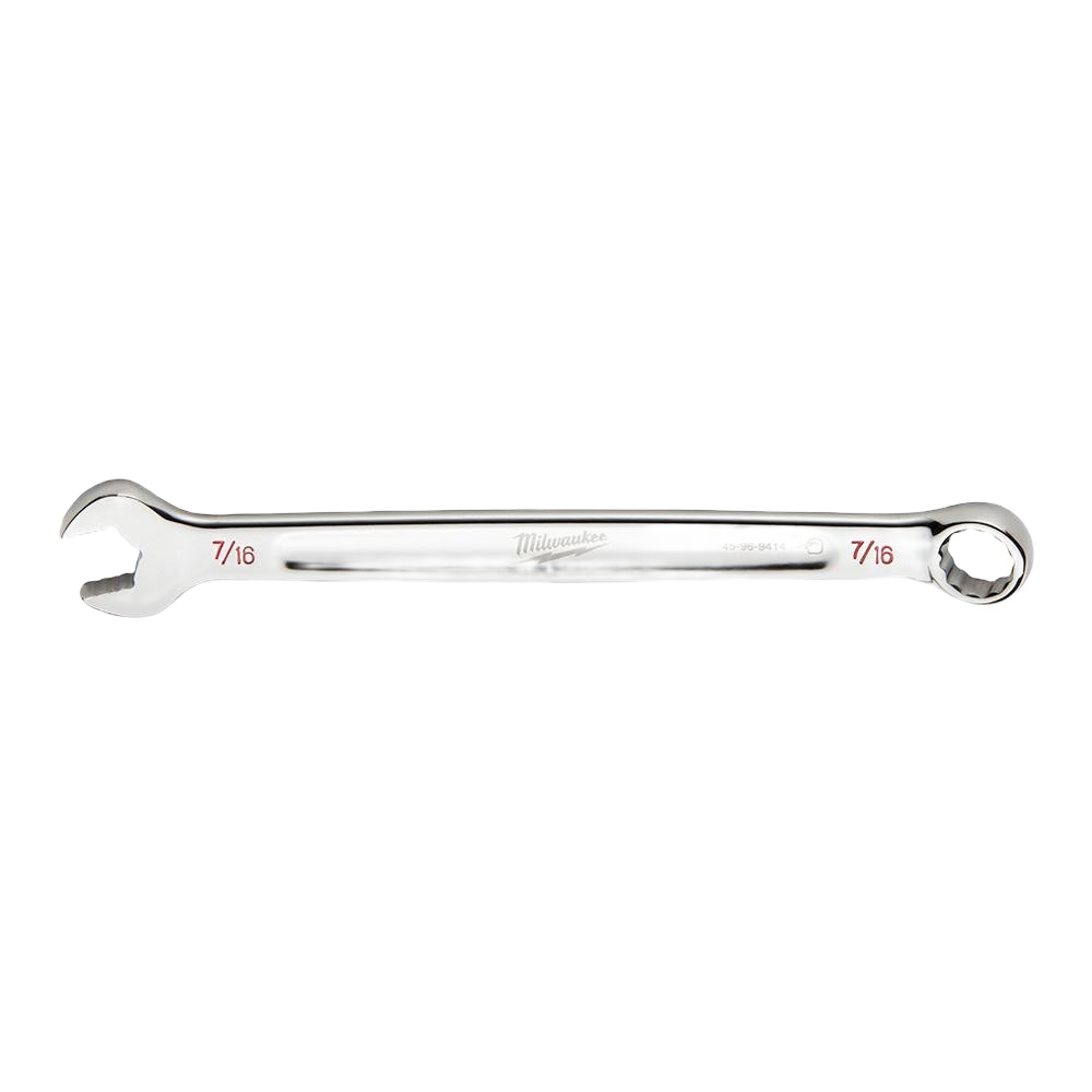Polished combination wrench with open and box ends, 7/16 inch size for home improvement and tool use