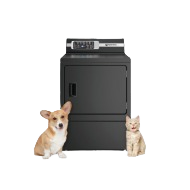 Black gas dryer with digital controls shown with a dog and cat for pet-friendly appliances in Home Improvement collections