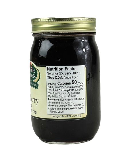 Glass jar of Hartville Kitchen Blueberry Jam with gold metal lid and nutrition facts label under $50 collection