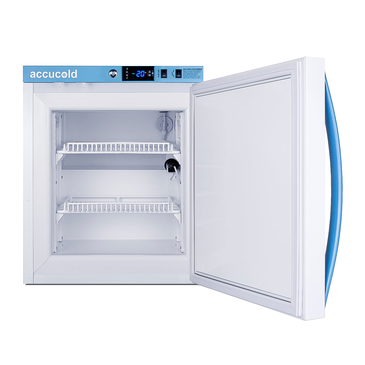 White upright vaccine freezer with blue handle and digital temperature display, open door showing wire shelves inside
