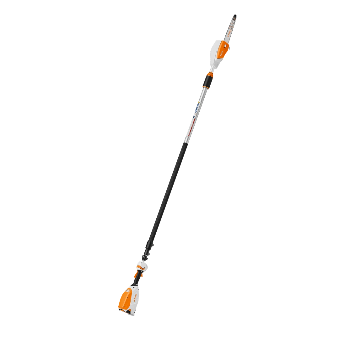 Battery-powered pole pruner with extendable shaft and cutting blade for outdoor tree trimming and home improvement tasks