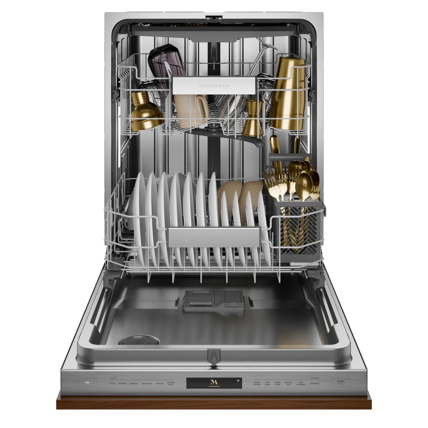 Open panel-ready dishwasher loaded with plates, gold utensils, and kitchenware in stainless steel interior setting