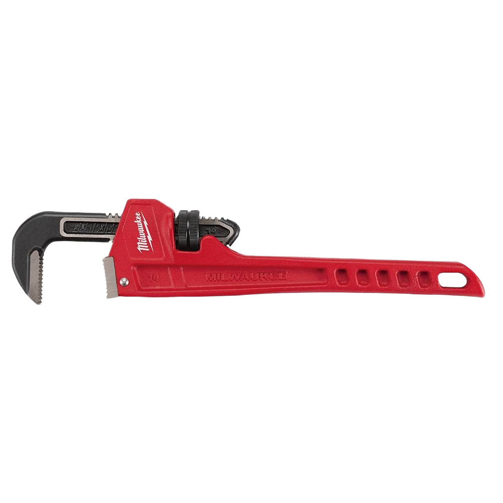 Red steel pipe wrench with black adjustable jaw for plumbing and tools and home improvement tasks