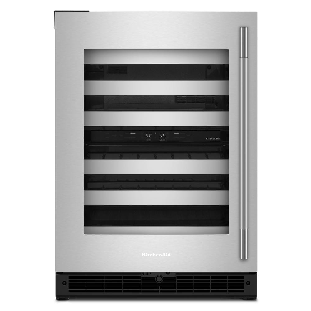 Stainless steel undercounter wine cellar with glass door, metal-front racks, and digital temperature display from KitchenAid