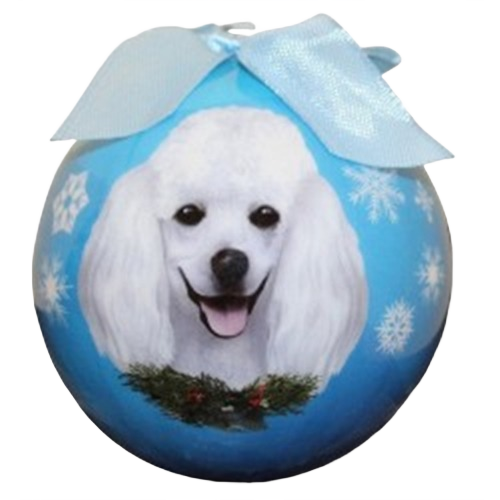 Blue Christmas ball ornament featuring a white poodle illustration with snowflakes and a decorative bow on top