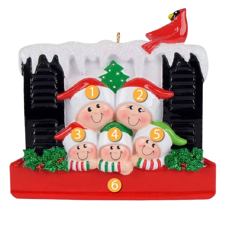 Festive family of five figurines in Santa hats within snowy window frame with cardinal and holly for Christmas decor collection