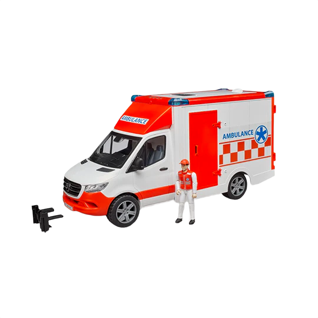 White and red toy ambulance with detailed markings and driver figure for imaginative emergency rescue play