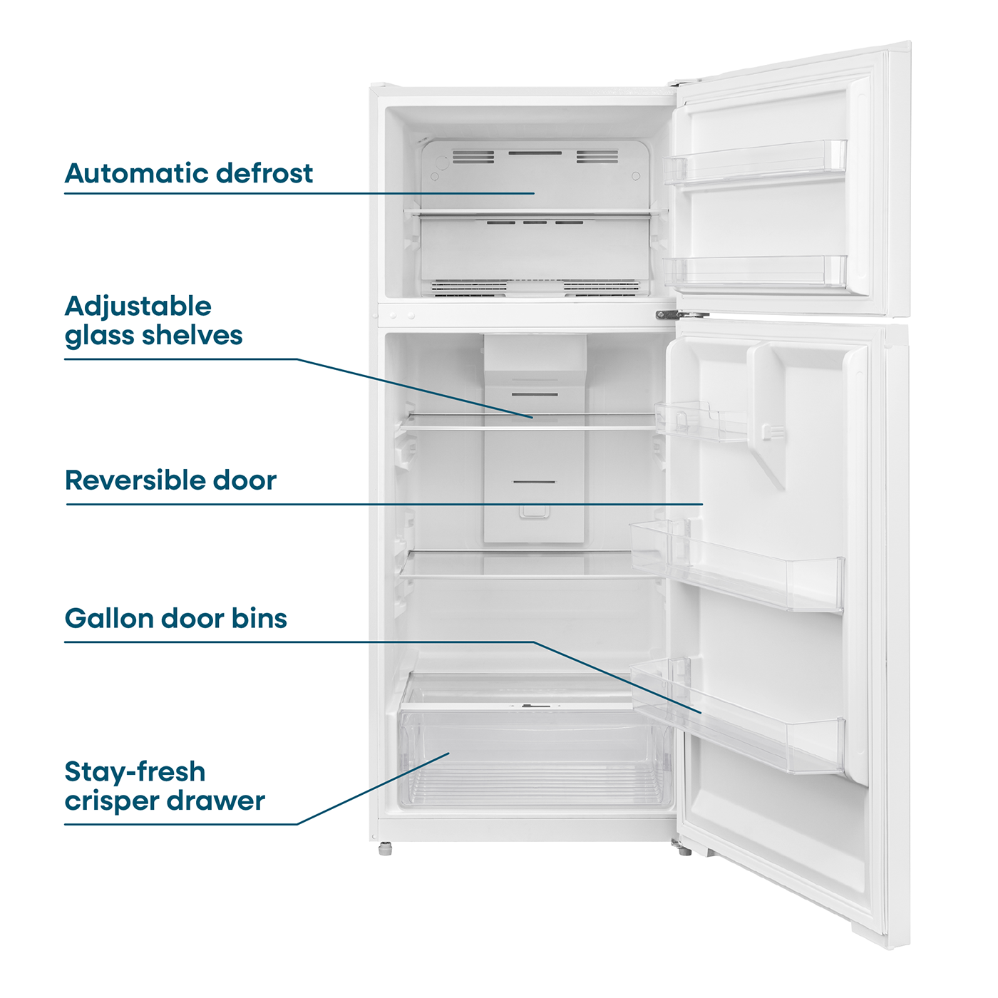 White top freezer refrigerator interior with adjustable glass shelves and stay-fresh crisper drawer for kitchen appliances