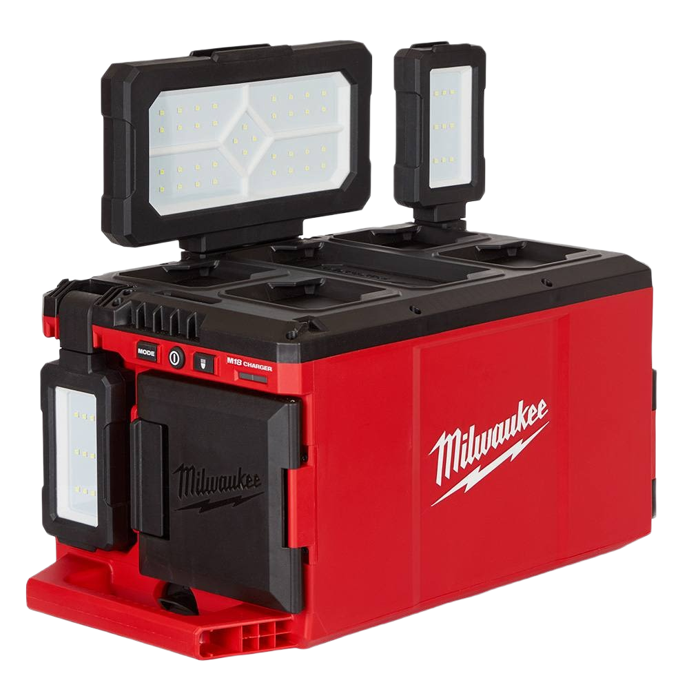 Red and black Milwaukee portable work light and charger with multi-directional LED panels for home improvement tasks