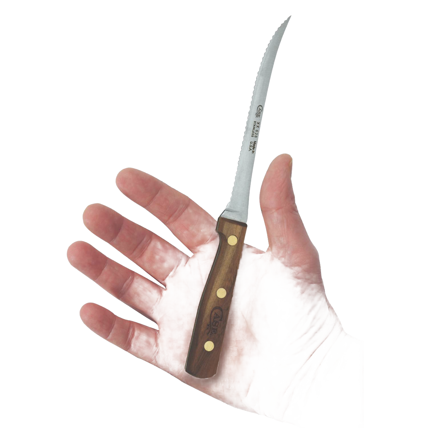 Hand holding a curved stainless steel tomato slicer knife with wooden handle and brass rivets, kitchen utensil under $50