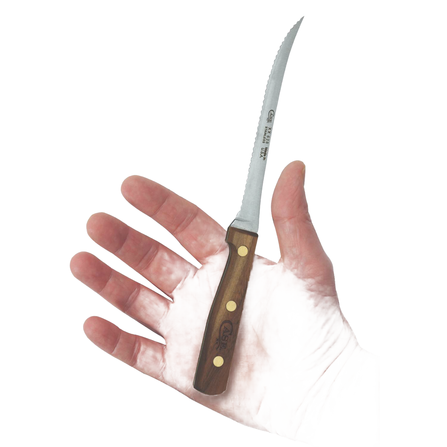 Hand holding a curved stainless steel tomato slicer knife with wooden handle and brass rivets, kitchen utensil under $50