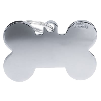 XL chrome dog bone-shaped ID tag with rounded edges and keyring attachment for pet identification