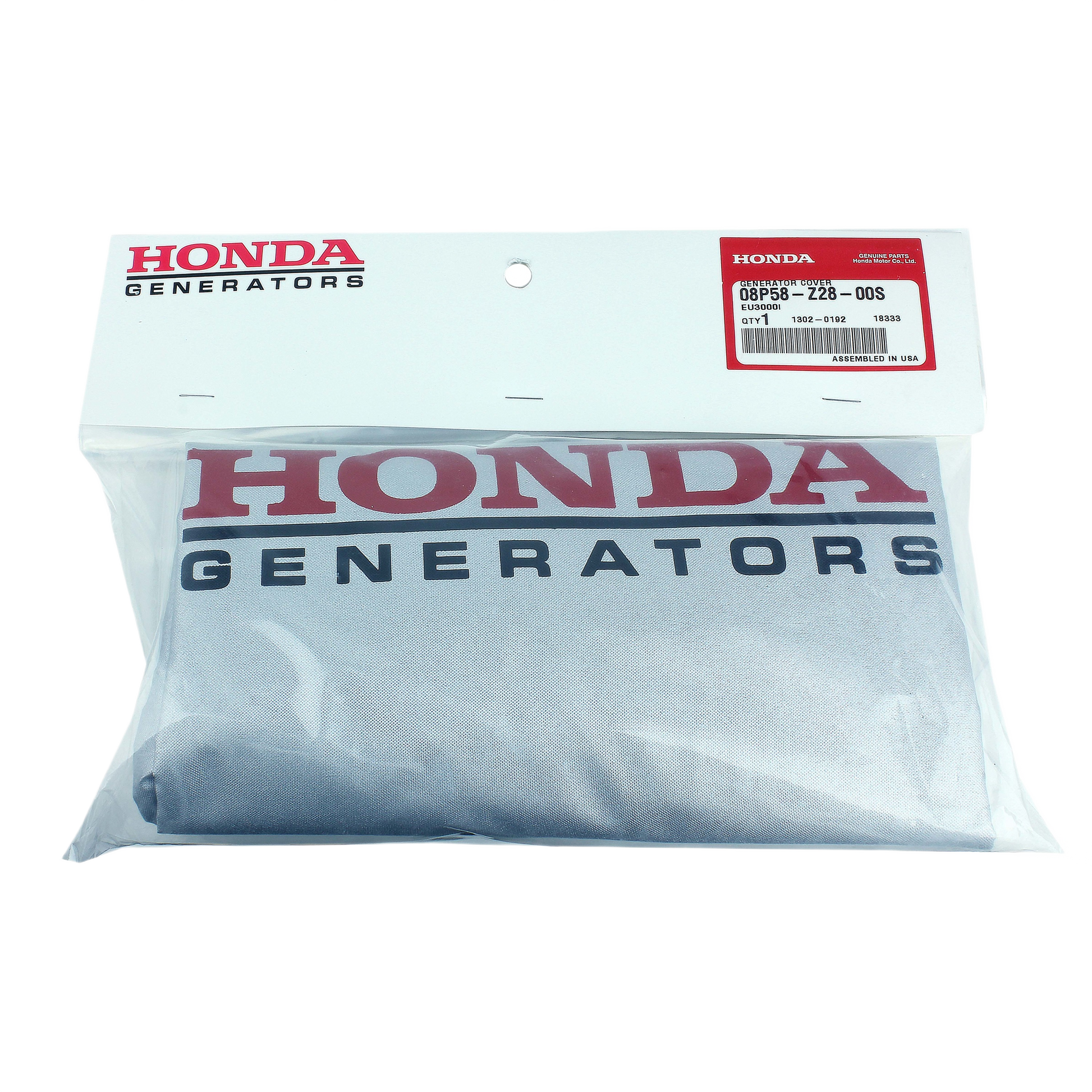 Silver fabric generator cover with red and black Honda Generators branding in clear retail packaging
