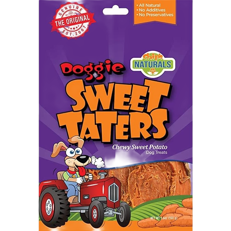 Purple packaging of chewy sweet potato dog treats with cartoon dog on red tractor and visible treat inside under $50 collection