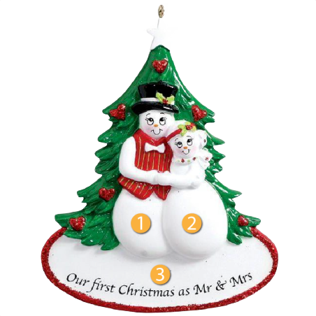 Snowman couple figurine ornament in front of decorated Christmas tree with "Our first Christmas as Mr & Mrs" text under $50 collection