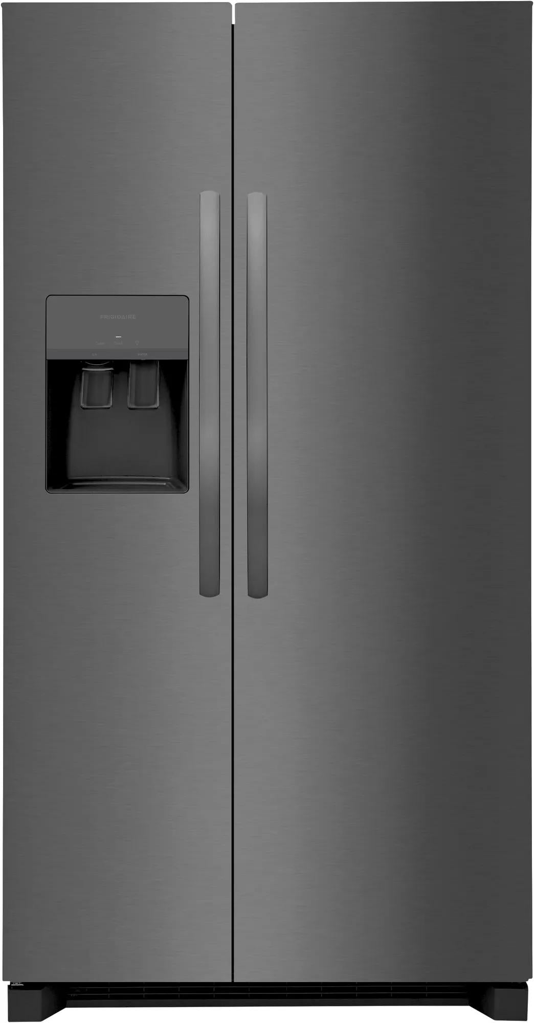Standard depth side-by-side refrigerator in a steel finish with exterior water and ice dispenser from appliances collection