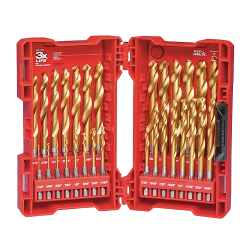 29-piece titanium drill bit set with variable helix design in a red durable case for tool accessories and home improvement