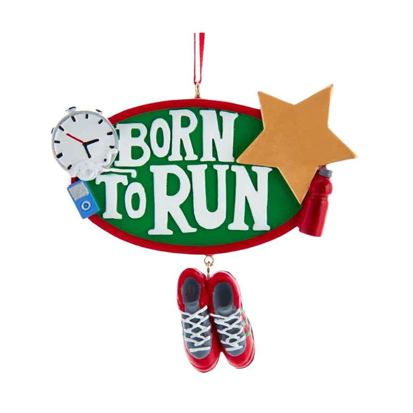 Green and red personalized running ornament with sneakers, stopwatch, star, and water bottle for home and garden decor gift