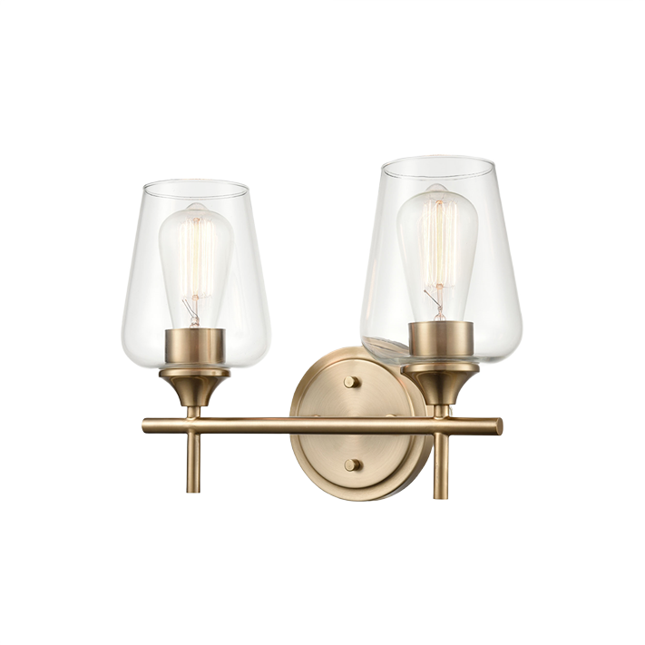 Two-light gold-toned vanity fixture with clear goblet glass shades for bathroom wall lighting and home improvement collections