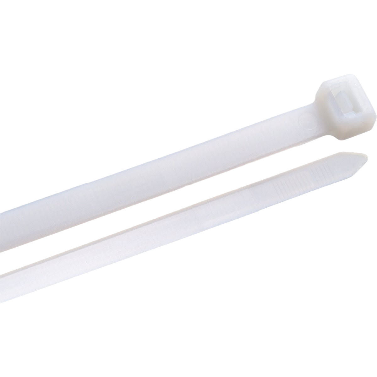 White molded nylon cable tie with self-locking head for bundling wires in electrical and home improvement projects under $25