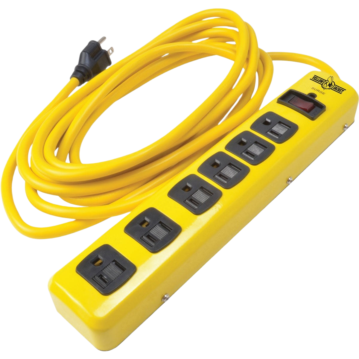 Yellow surge protector strip with six grounded outlets and 15-foot heavy-duty power cord for electrical use under $50