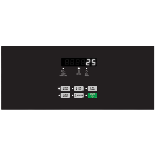 Digital control panel for commercial front load electric dryer with coin card and temperature settings in appliances collection