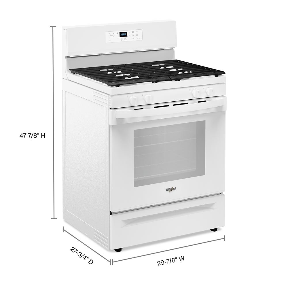 White 30-inch freestanding gas range with self-clean oven and digital control panel in kitchen appliance collection