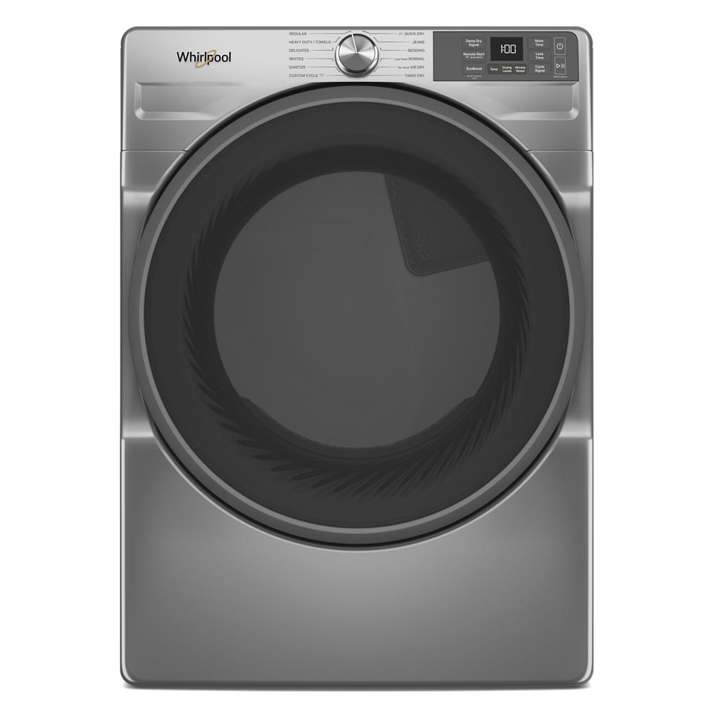 Stainless steel front load electric dryer with digital display, smart features, and wrinkle prevention option for home improvement.
