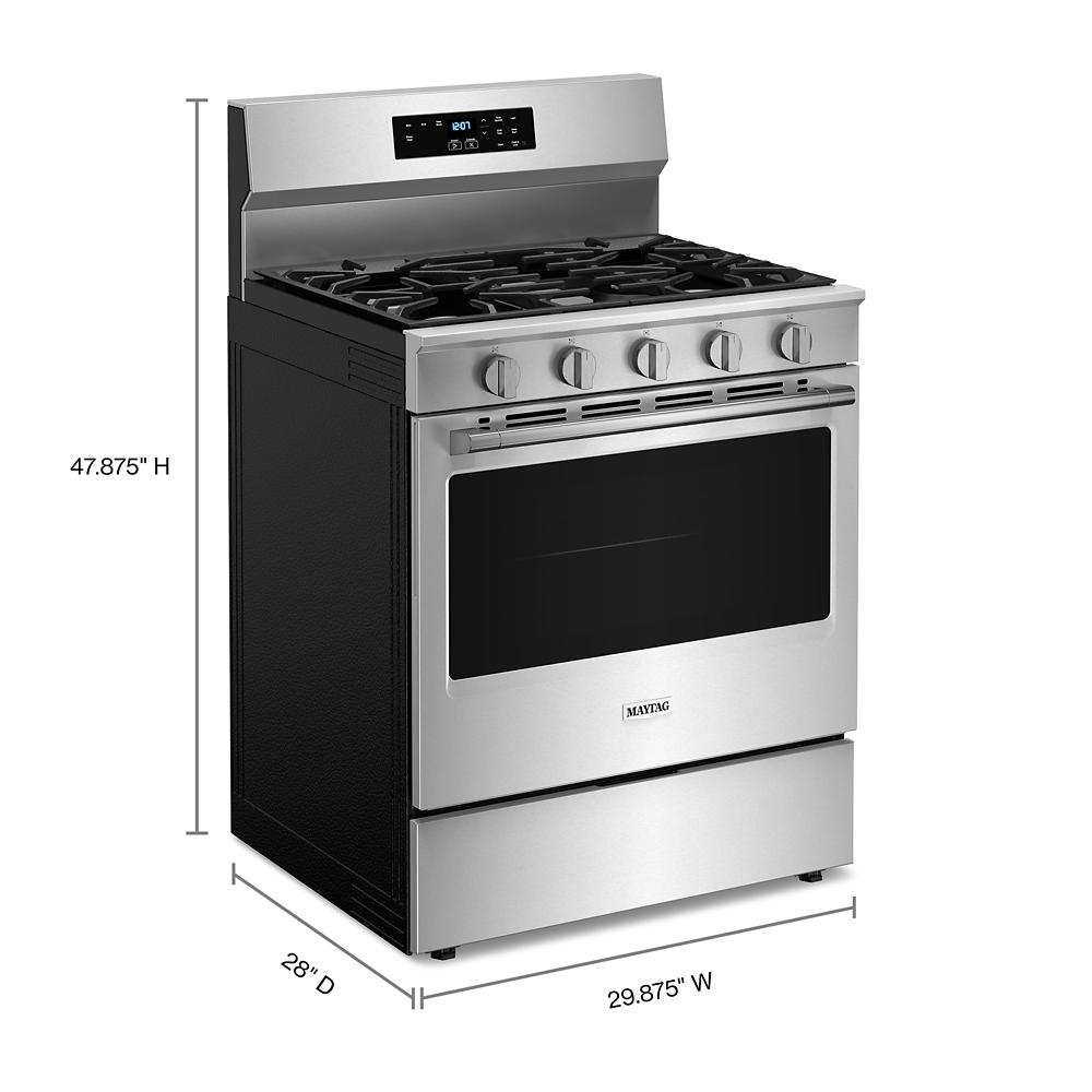 Stainless steel gas range with five burners, digital control panel, and large oven from kitchen appliances collection