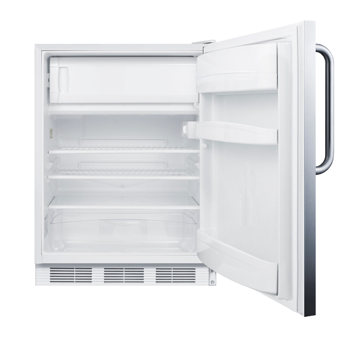 Open 24-inch built-in refrigerator-freezer with adjustable shelves and door bins in white finish for kitchen storage