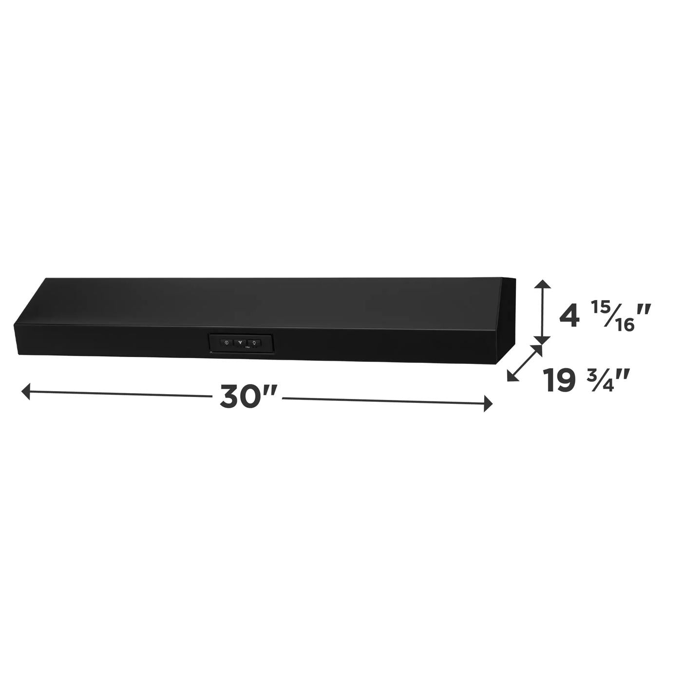 black undercabinet ventilation hood with control panel and dimension markings in range hoods and kitchen appliances collection