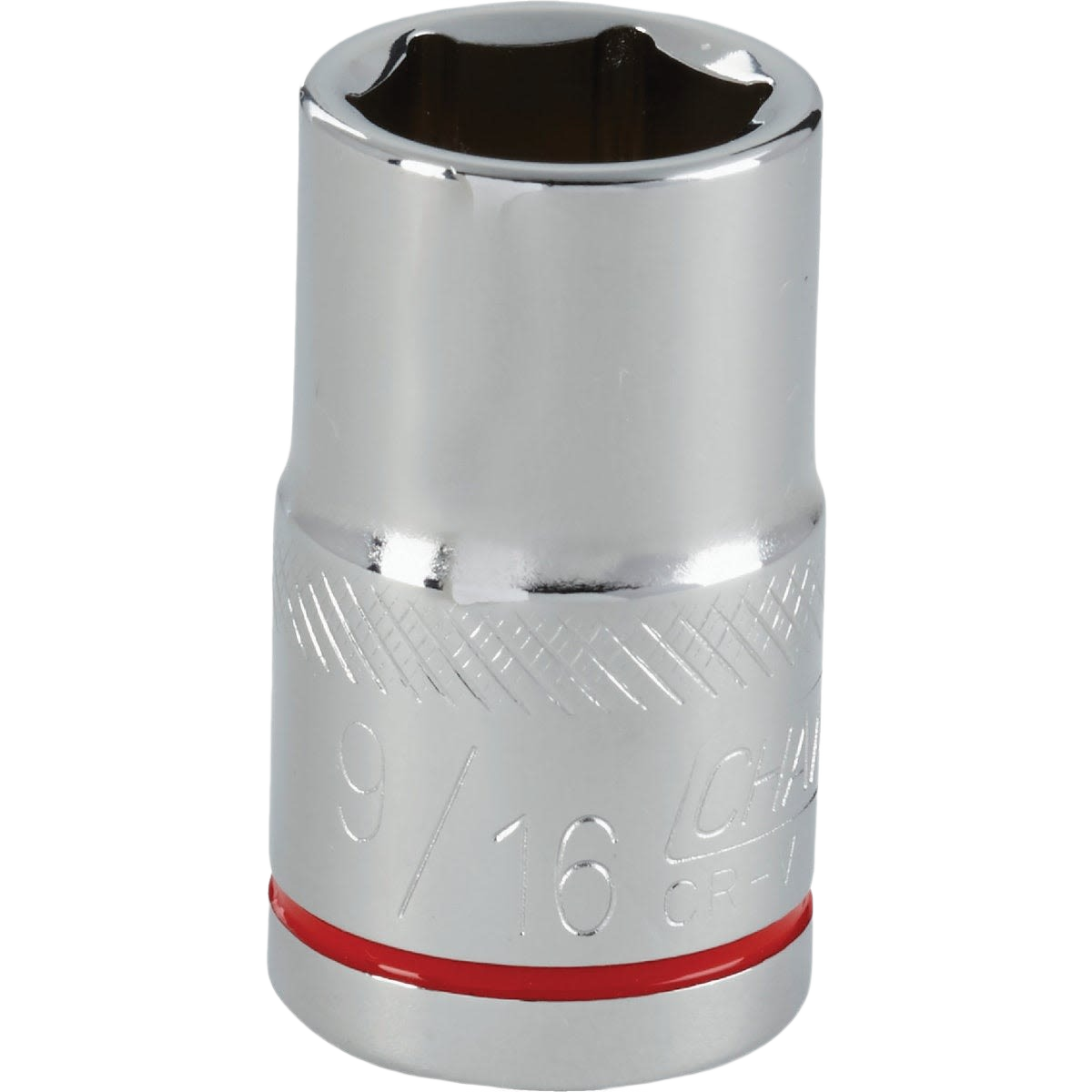 Chrome-finished 9/16 inch shallow socket with textured grip band for woodworking and hand tools collections under $50.
