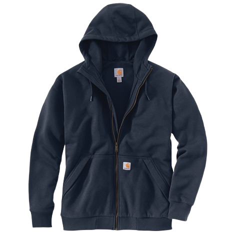 Men’s navy full-zip sweatshirt with hood, loose fit, and midweight thermal lining from Carhartt clothing under $100 collection