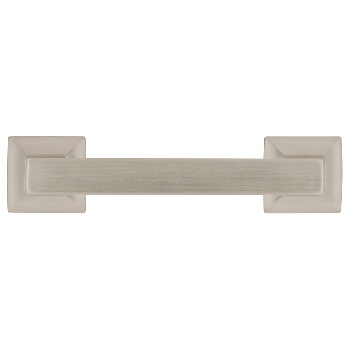Satin nickel cabinet pull with modern square bases and a smooth brushed finish for furniture hardware collections under $50