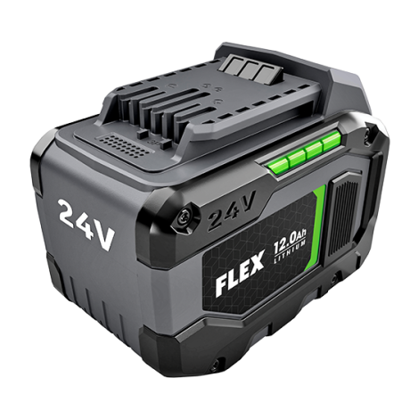 Black and gray 24V li-ion battery pack with green accents, designed for tools and home improvement use