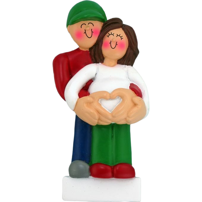 Male and brunette female couple making heart shape over pregnant belly, festive Christmas keepsake decoration under 50