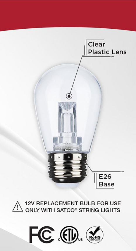 Clear plastic lens smart lamp bulb with E26 base designed for 12V string lights in home improvement projects
