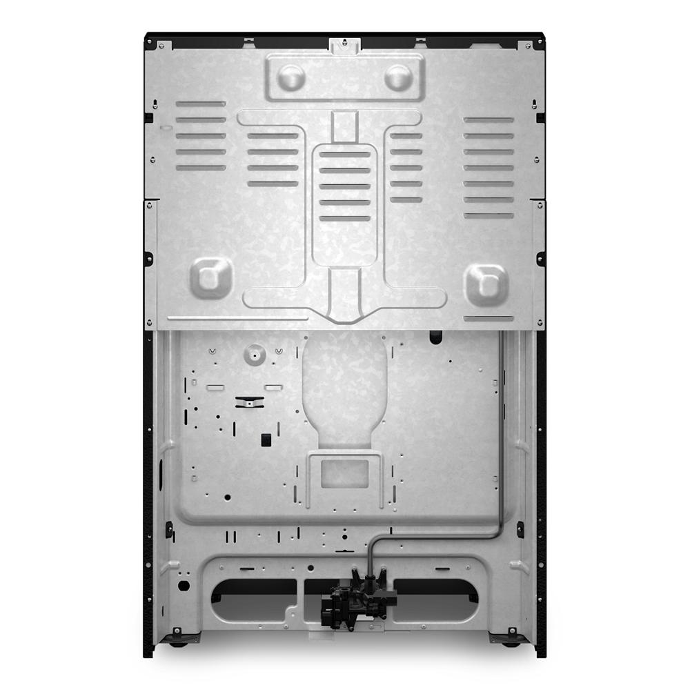 Rear view of metal gas range chassis showing internal venting and burner connection for kitchen appliance installation