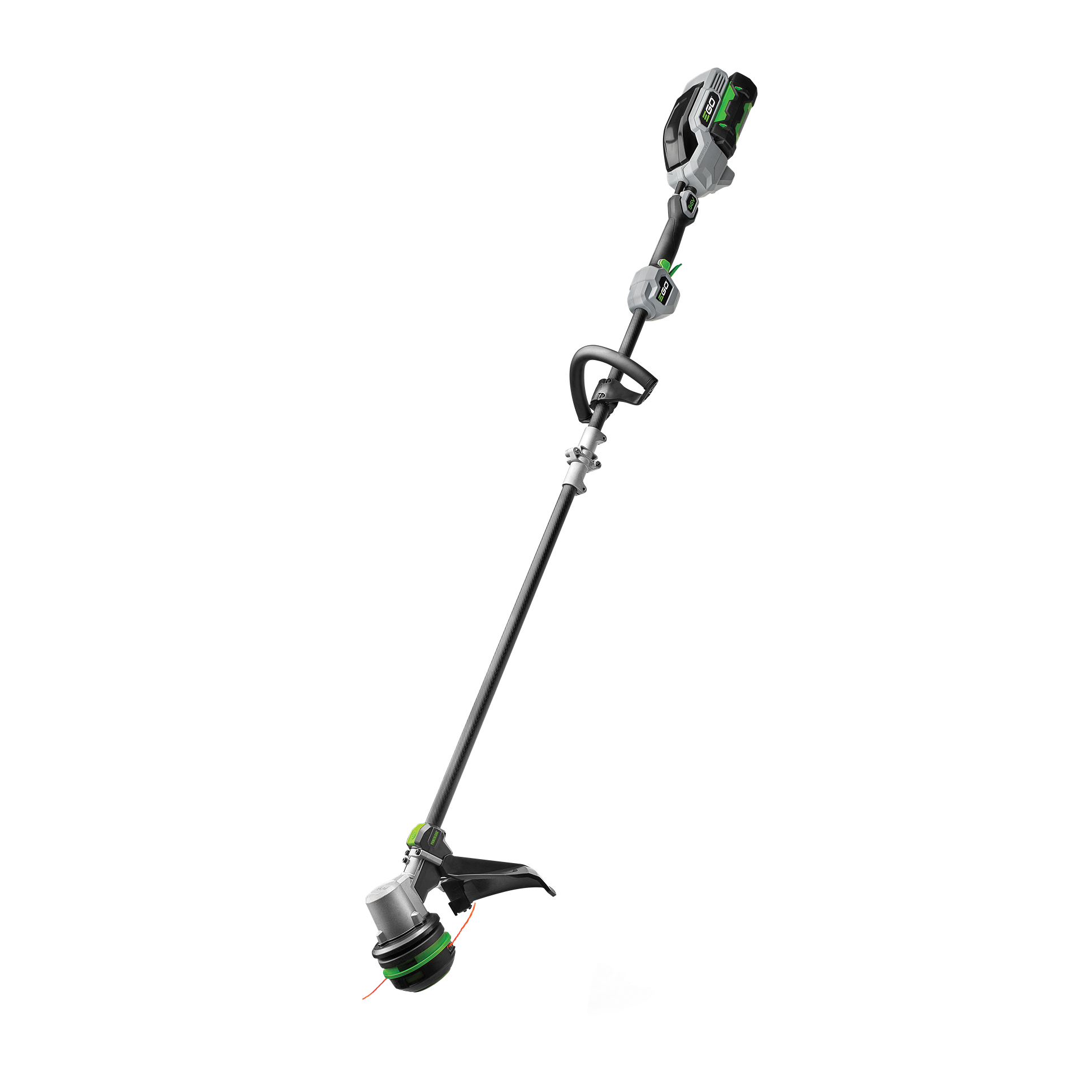 Cordless string trimmer with carbon fiber split shaft and Powerload™ system for outdoor lawn care and home improvement