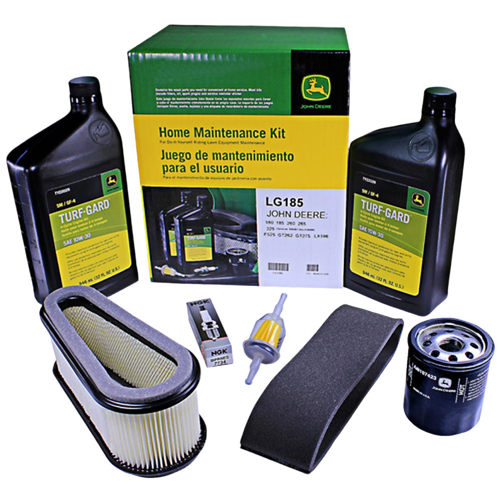 Home maintenance kit with oil, air and fuel filters, spark plug, and oil for John Deere lawn equipment upkeep