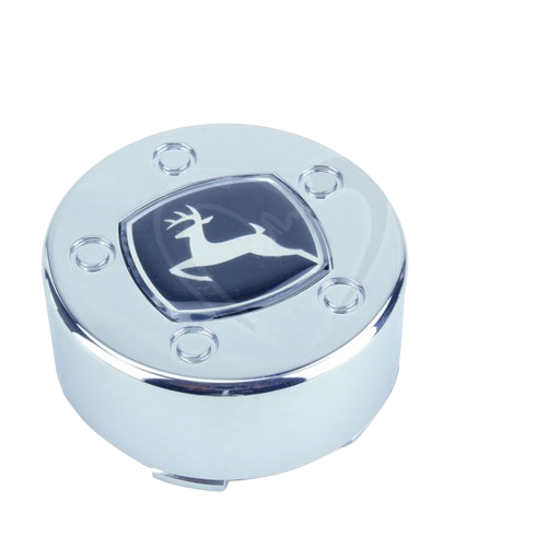 Chrome wheel center cap with black and white leaping deer emblem for tools and home improvement use