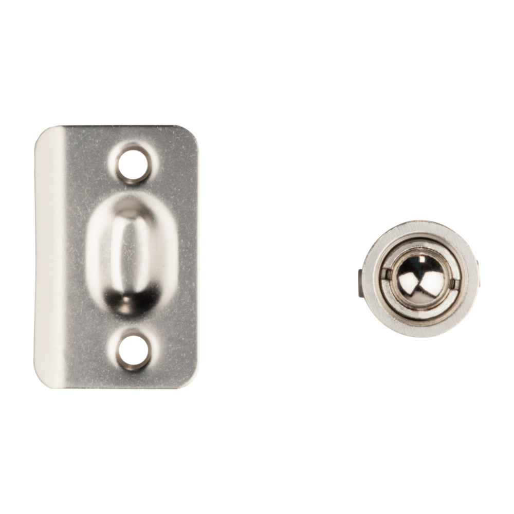 Satin nickel drive-in ball catch with matching strike plate for doors in home improvement and tools applications