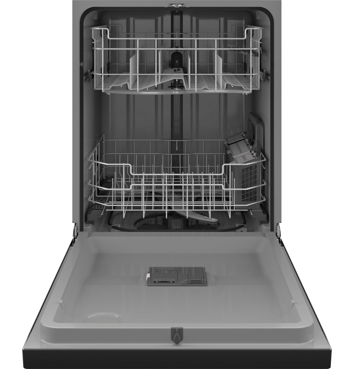 Open front control dishwasher with plastic interior, upper and lower racks, and utensil holder in kitchen appliances collection