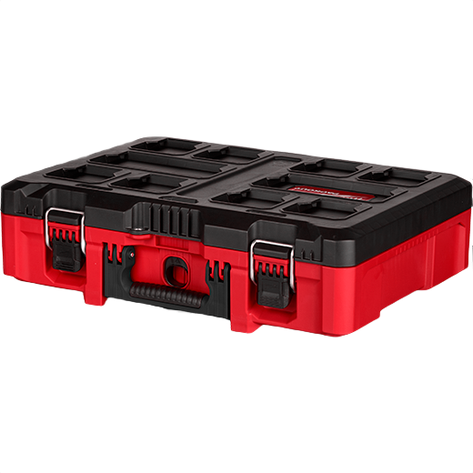 Red and black rugged Milwaukee PACKOUT™ tool case with impact-resistant base and secure locking latches for workshop organization