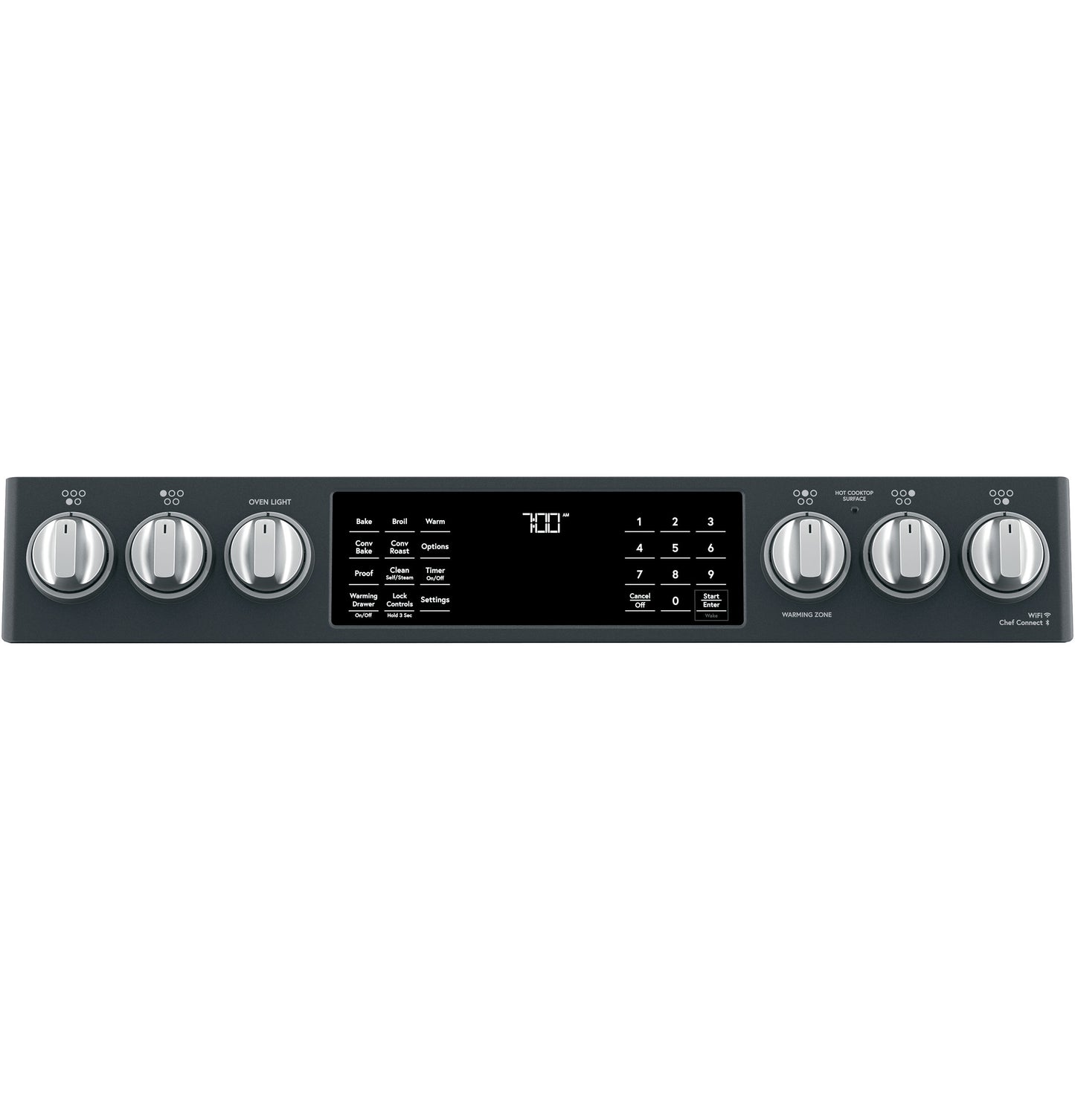 Control panel of black smart slide-in range with digital display, touchpad, and six metal control knobs in kitchen appliances collection