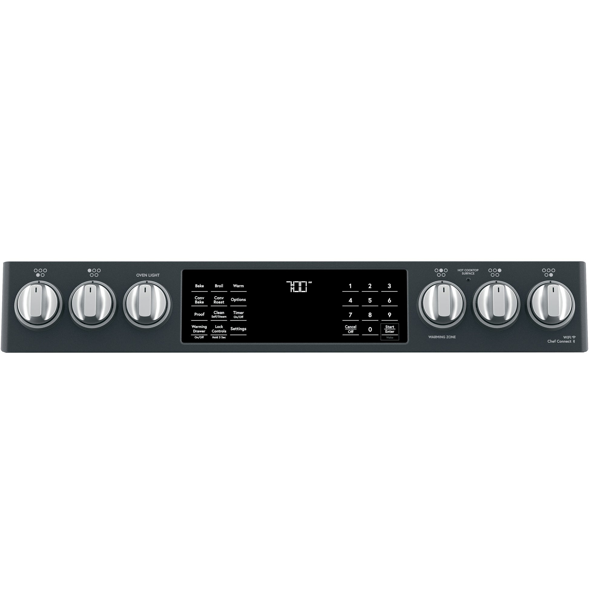 Control panel of black smart slide-in range with digital display, touchpad, and six metal control knobs in kitchen appliances collection